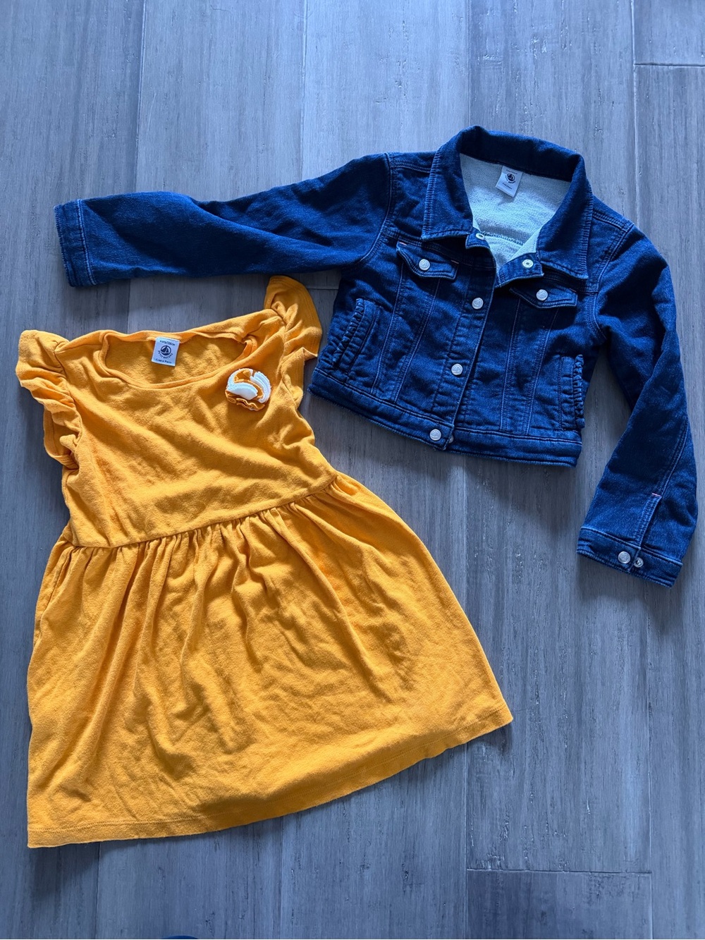 2 PC Petit Bateau Yellow Dress with Blue Denim Jacket - sz 6 / 116cm
